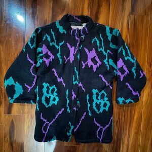 Vintage Changing Scene Knit Jacket Quilted Lined 80s 90s Teal Purple Small